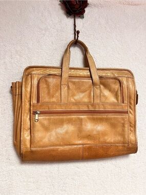 Classic Tan Leather Briefcase with Front Zip Pocket - Men's Business Bag